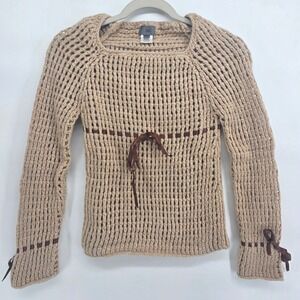 Knit Sweater Medium Beige Square Neck Long Sleeve‎ Ribbed Ribbon Boho babydoll